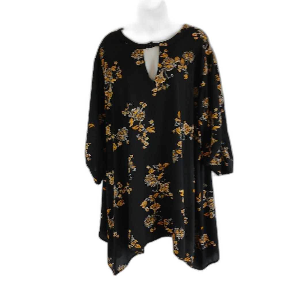 Torrid top Black Yellow Floral Roll Tab Sleeve Keyhole Tunic Sz 4X office casual